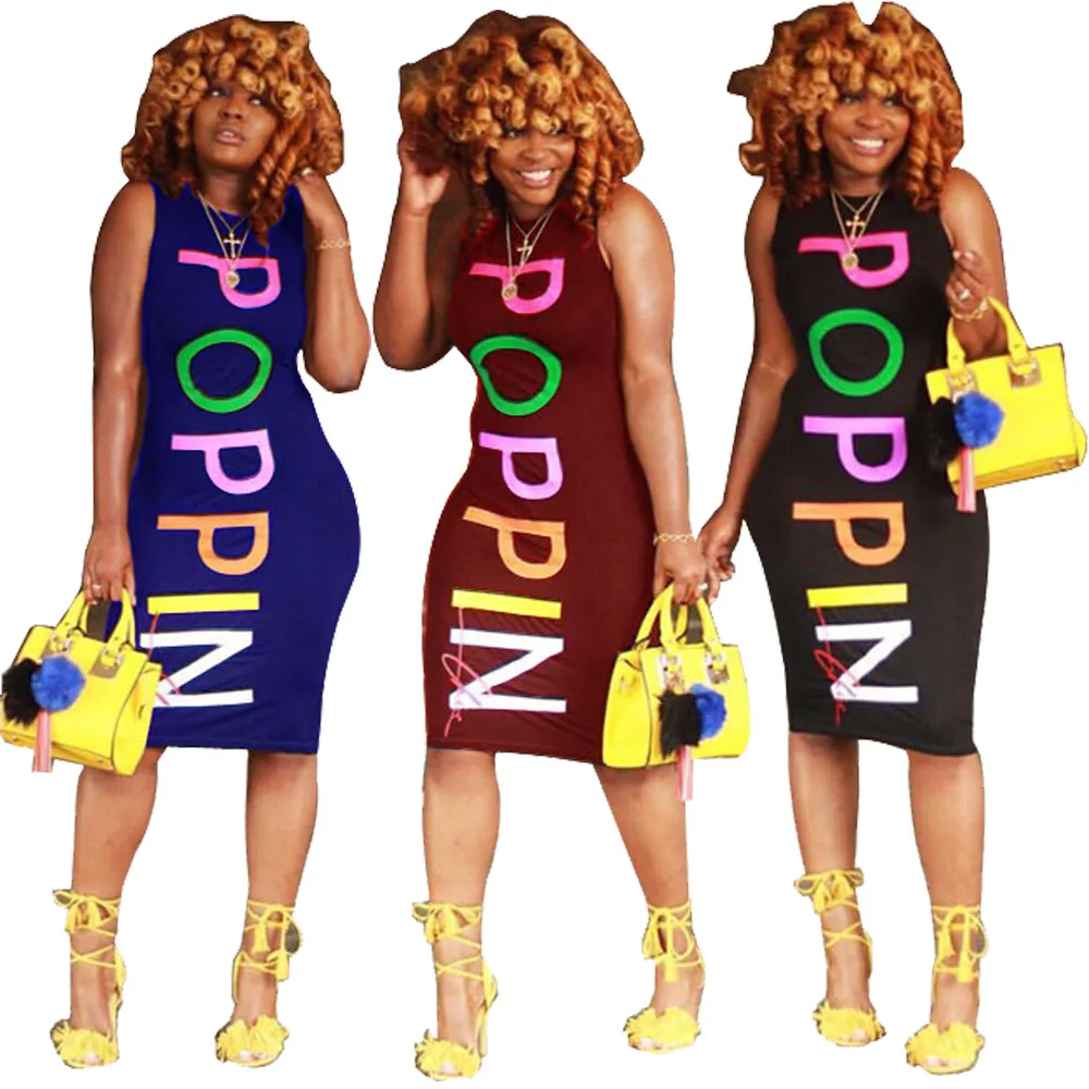 

Fashion Letter Print Sleeveless Bodycon Sexy Ladies Casual Summer Dress, As pictures showed