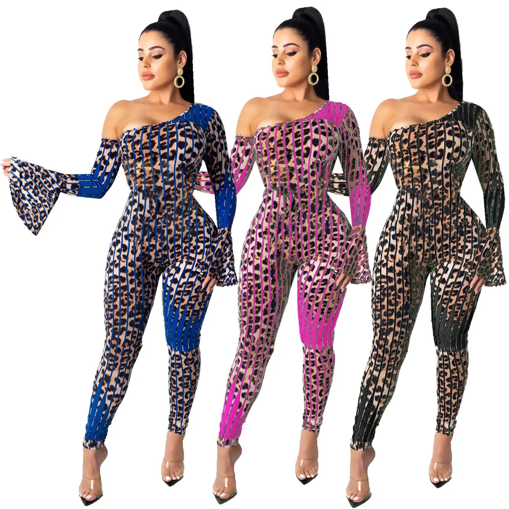 

One Shoulder Flare Sleeve Leopard Jumpsuit For Women