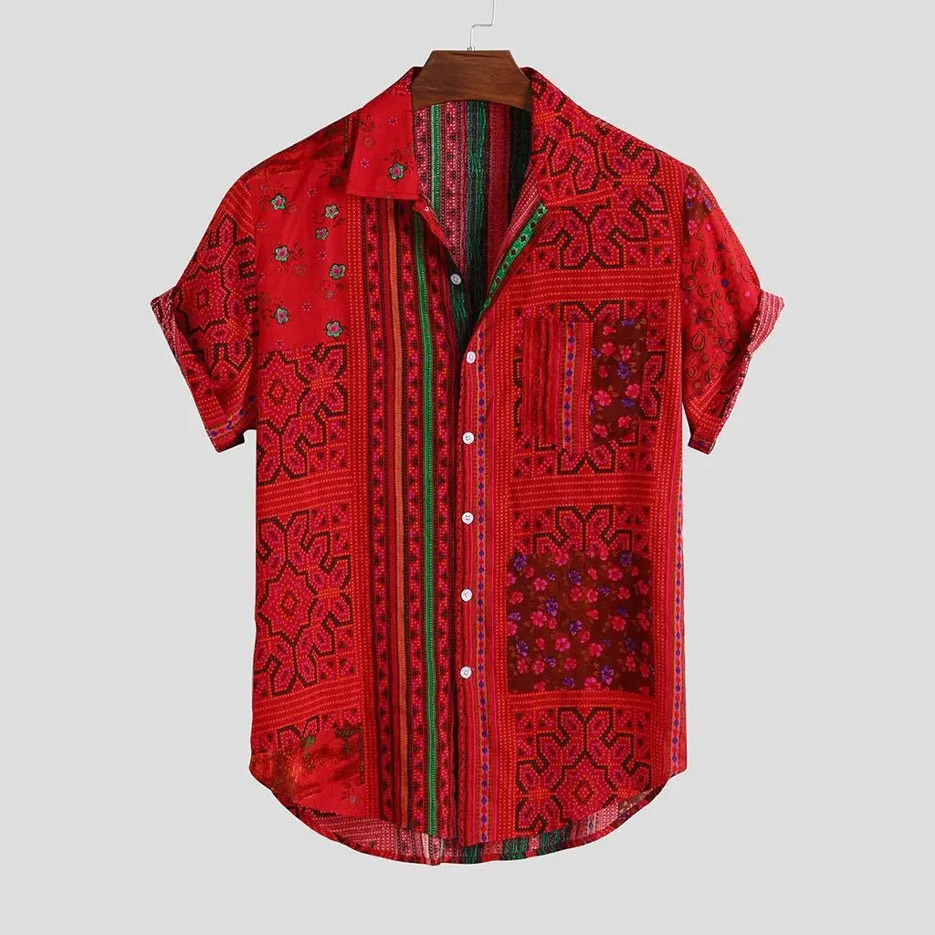 

shein Summer Hawaiian print short-sleeved shirt retro clan style print lapel male shirt