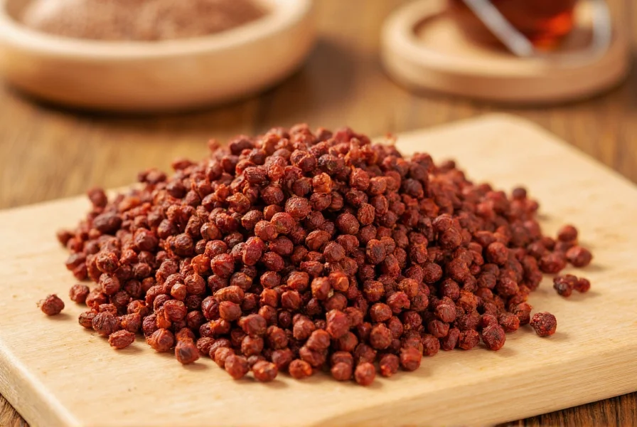 Close-up photograph of dried timut pepper berries showing their distinctive reddish-brown color and textured surface on a wooden cutting board