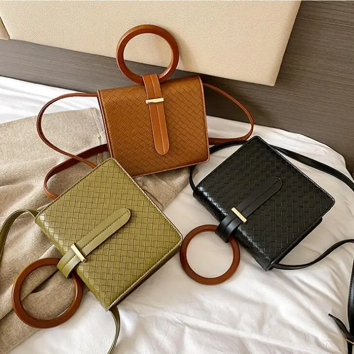 

New casual retro simple wooden handle handbag shoulder diagonal women mini bag woven small square bag, 3 color