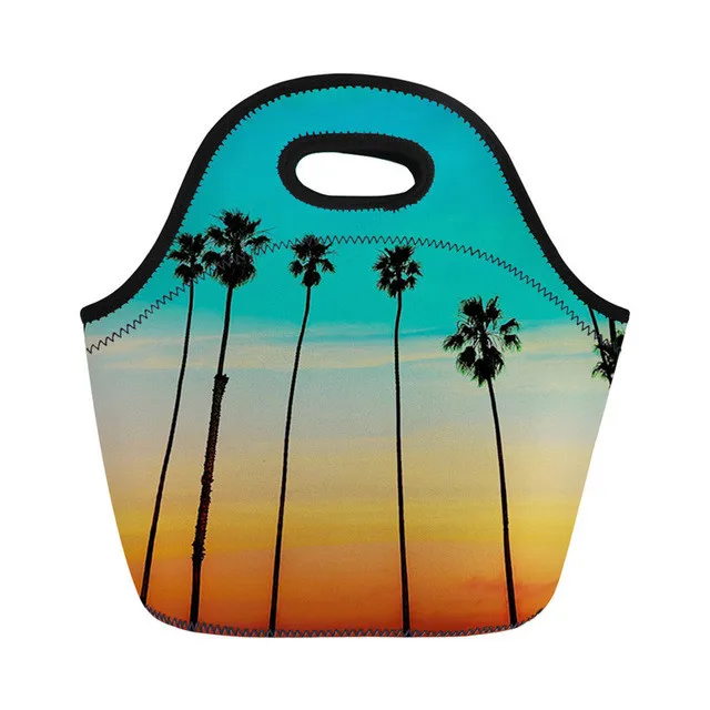 

3D Printing Neoprene Lunch Bag Tropical Plants Insulated Folding Food Bags Ladies Cooler Thermal Handbags for Women