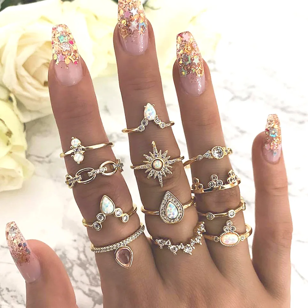 

GOGO JEWELRY Hot selling 12 PCS Clustter Gold Rings Set Drop Moon Star Finger Rings for Women