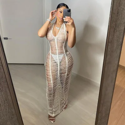 

2021 Summer Women's New Beach Long Skirt Nightclub V-neck Perspective Halter Backpack Hip Dress