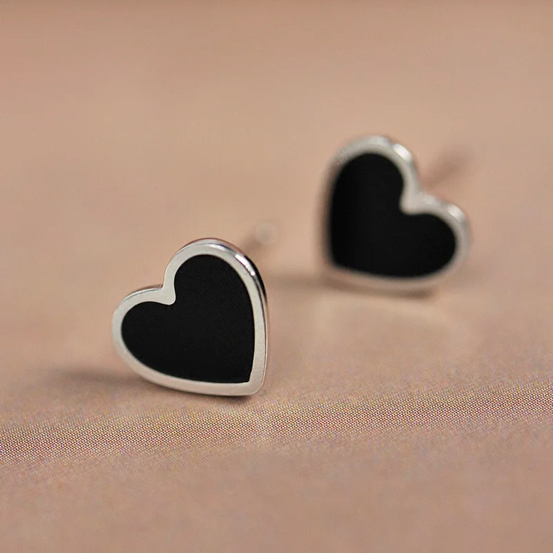 925 Sterling Silver Black drip Heart Stud Earrings for Women and Men Punk Jewely