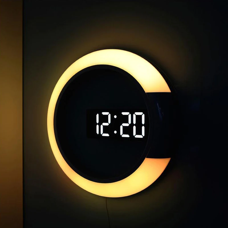 

EMAF remote control 12 inch 7 RGB LED light mirror wall clock modern home decoration LED wall alarm snooze clock, Custom requested