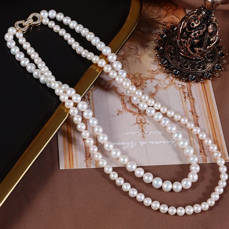 

Fashion Freshwater Pearl Necklace Sterling silver with zirconia accessories Double Layer fresh water pearl toggle necklace