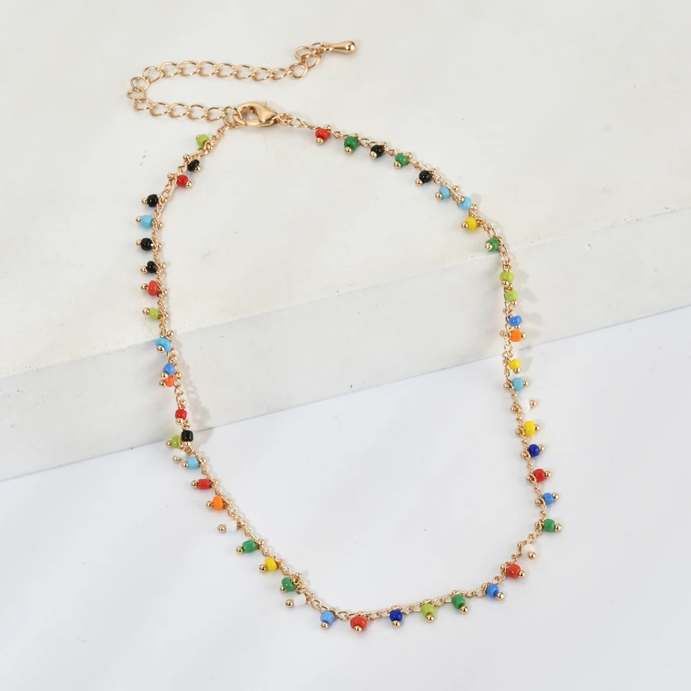 

Summer Beach Boho Simple Seed Beads Strand Necklace Women String Beaded Short Choker Necklace Jewelry Choker Necklace