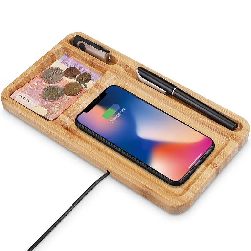 

Office Gifts Desktop Wireless Charger Bamboo Wood 5W 10W 15W Fast Charging storage tray Phone Accessories station holder