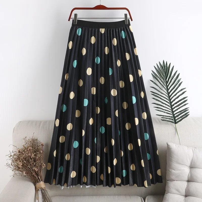 

White Pleated Skirt High Waist Slim A-Line Dot Print Elastic Waist Skirt Summer Elegant Vintage Midi Skirts for Women