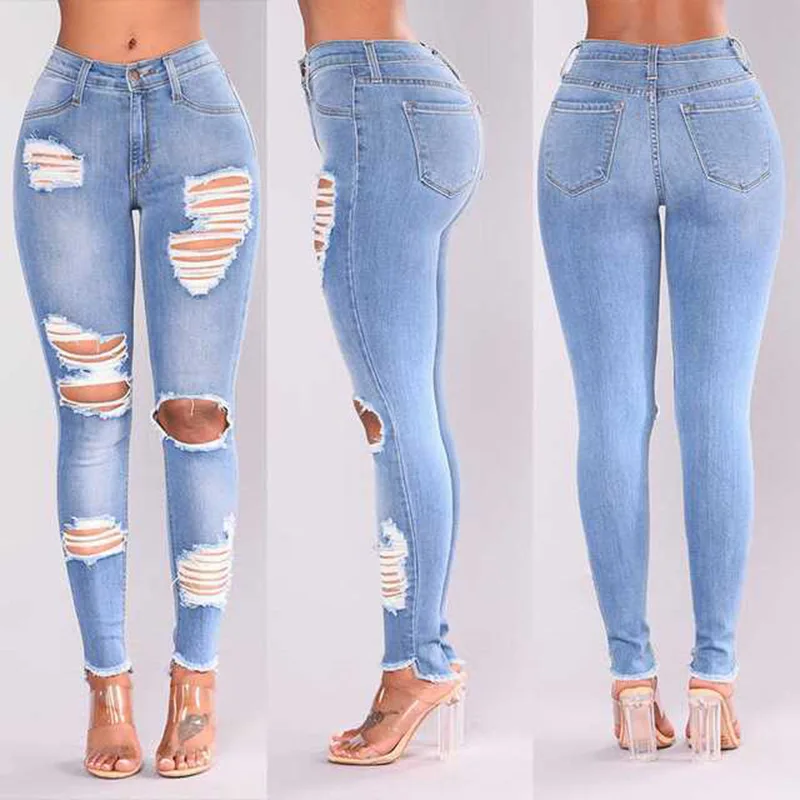 

Brand Women Stretch Trousers Pants Cotton Ripped Holes Jeans Blue Black Denim Boyfriend Style Pencil Jeans, Pictures showed