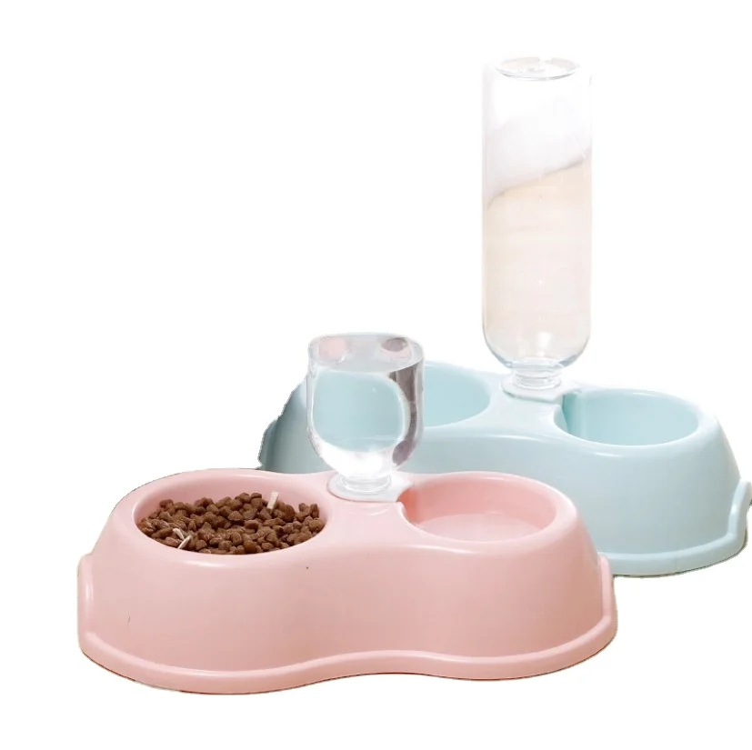 

Creative PP Plastic Macaroon Color With Water Bottle Double Cat Dog Bowl
