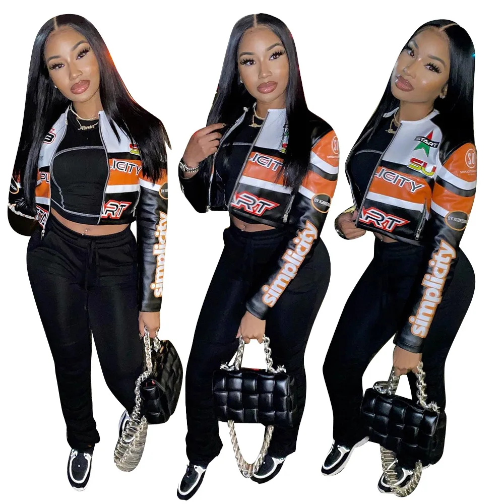 

MD-20120948 Coats for ladies faux pu leather jacket Fashionable round neck print women's jackets & coats, Black