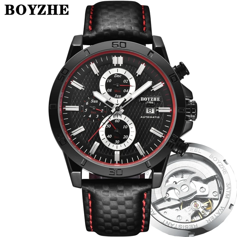 

BOYZHE fashion brand watch tourbillon skeleton luxury genuine leather automatic mechanical movement man watch