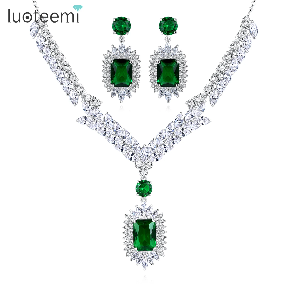 

LUOTEEMI Hot Sale Luxury Women Emerald Jewelry Set Cubic Zircon Necklace Earrings Set