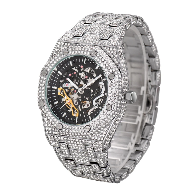 

Blues RTS Hip hop Luxury white gold full diamond automatic mechanical wrist watch for men women