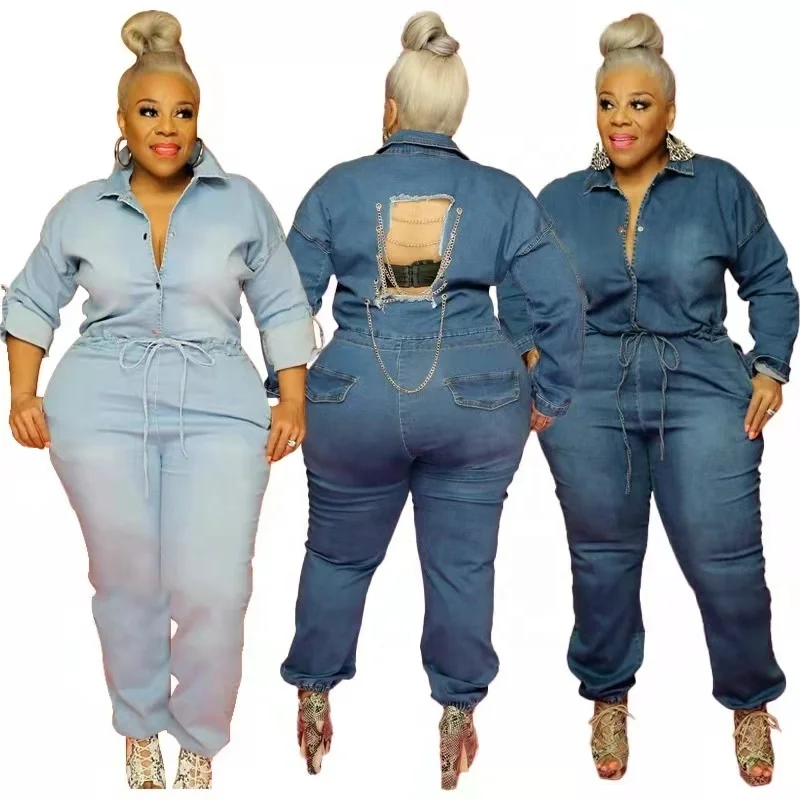 

2021 new arrival autumn and winter broken hole chain women's plus size denim jumpsuit