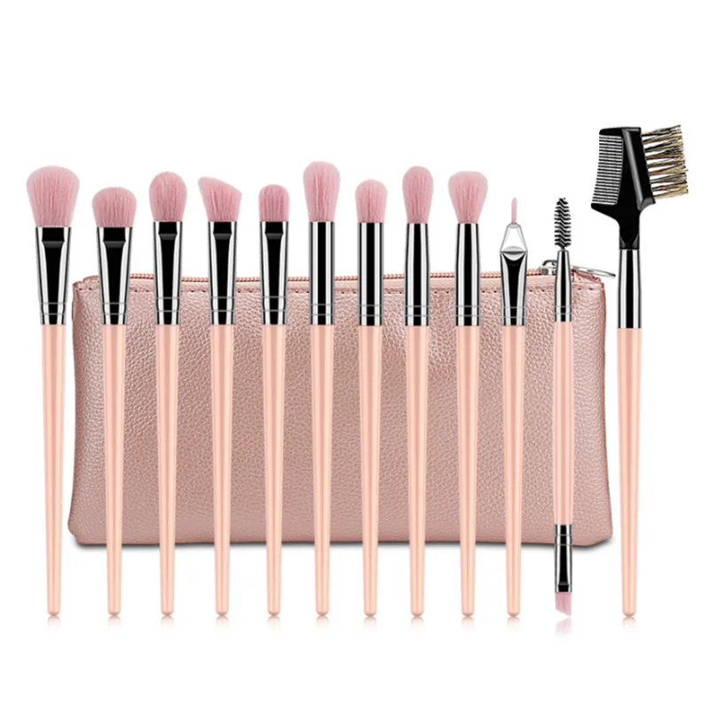 

2021 Hot selling 12 piece pink handle gold eye shadow cosmetic brush OEM markup brush set