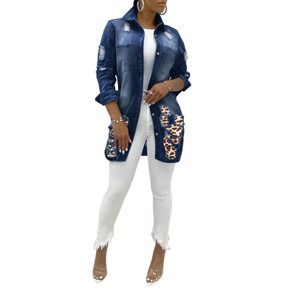 

fall and winter Hot selling Clothing women's leopard print denim jacket woman denim long shirt jacket ladies distress jean coat, Dark blue,light blue,black