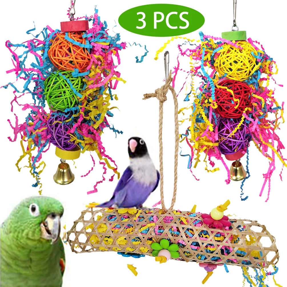 

3 PCs Bird Swing Chewing Toys Bird Perches Bird Toys Parrots Mirrors paper Hanging Toys with Bells for Small Medium Parrot