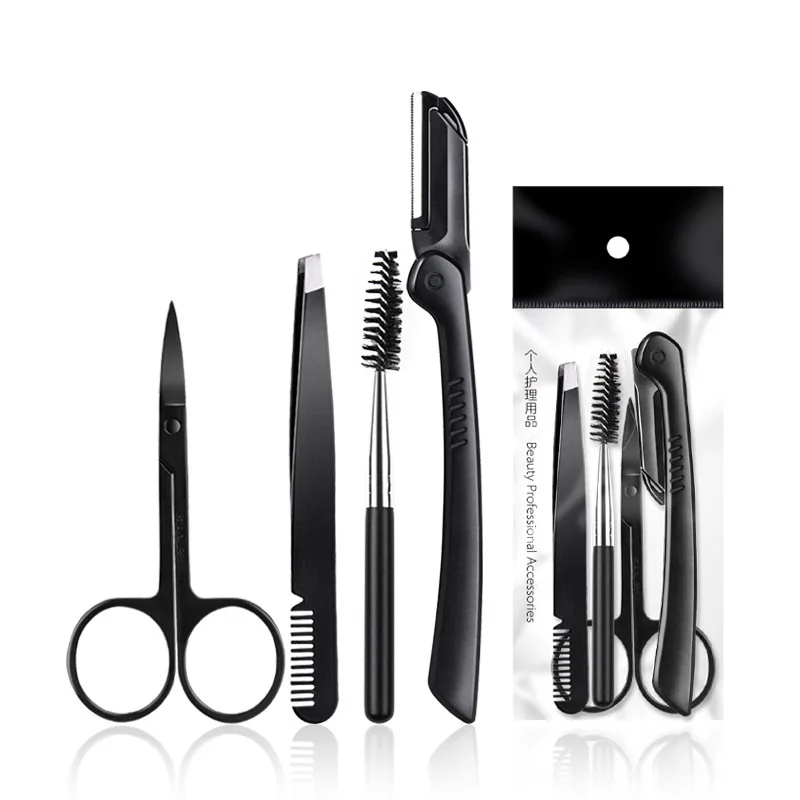 

Hot Sale 4 piece Beauty Makeup Tools Eyelash Razor Scraping Knife Eyebrow scissors clip trimmer tool set eyelash tweezers