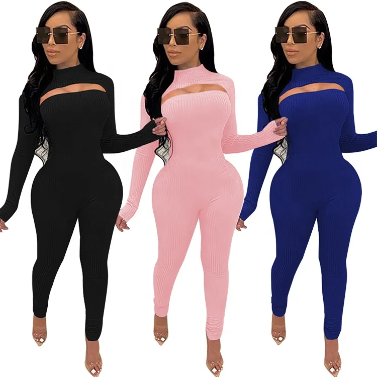 

Fashion Sexy Outfits Long Sleeve Bodycon Rompers Women Clothing Two Piece Set Jumpsuits, Black / blue / pink