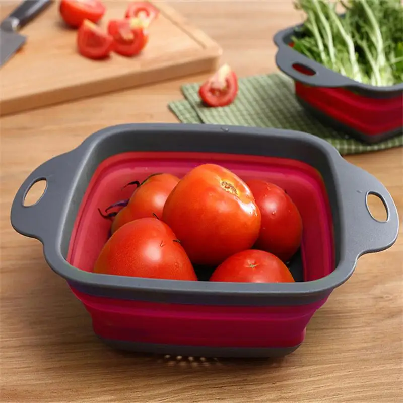 

Storage Bag Fruit And Vegetable Basket Folding Filter Square Draining Basket Collapsible Colander Silicone Kitchen
