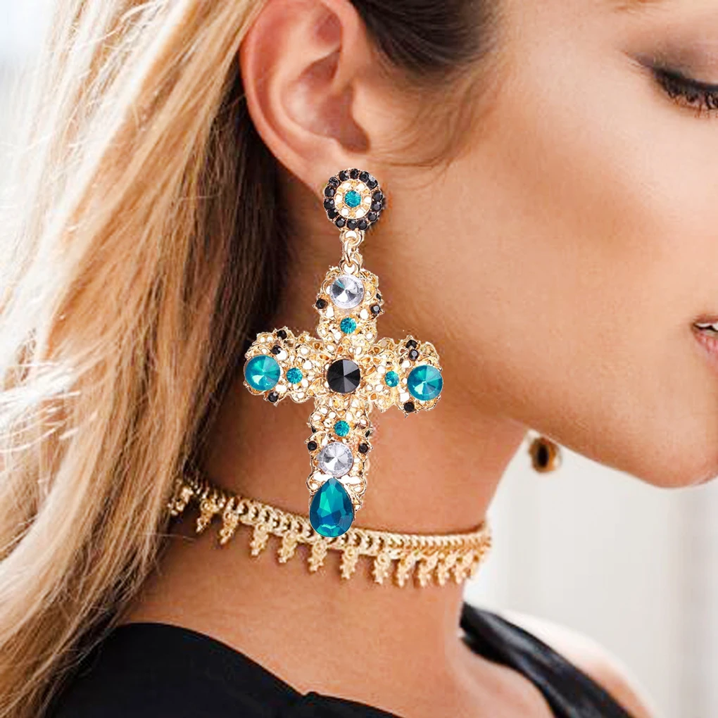 

Kaimei New Arrival Vintage Black Pink Crystal Cross Drop Earrings for Women Baroque Bohemian Large Long Earrings Jewelry Brincos, Many colors fyi