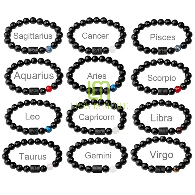 

10mm Real A grade black onyx agate 12 Zodiac beaded couple constellation lucky jewelry crystals healing bracelet for man