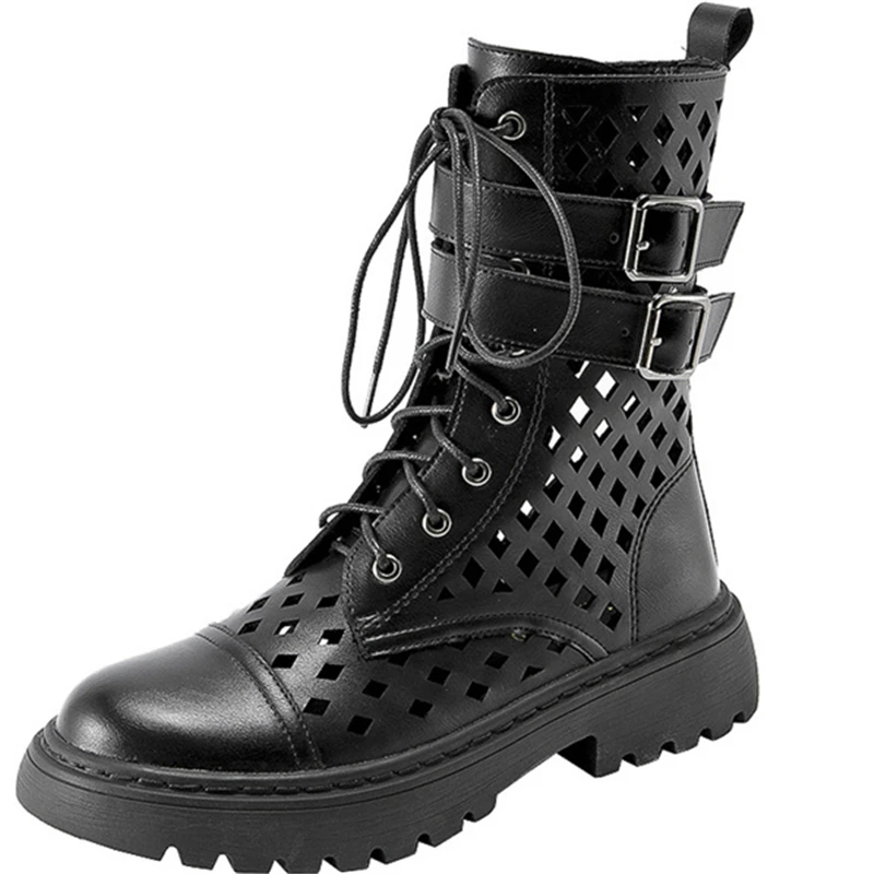 

2021 Hollow Design Summer Boots Women Breathable Platform Martens Ankle Boots Fashion Lace Up High Heels Shoes Ladies Shoes