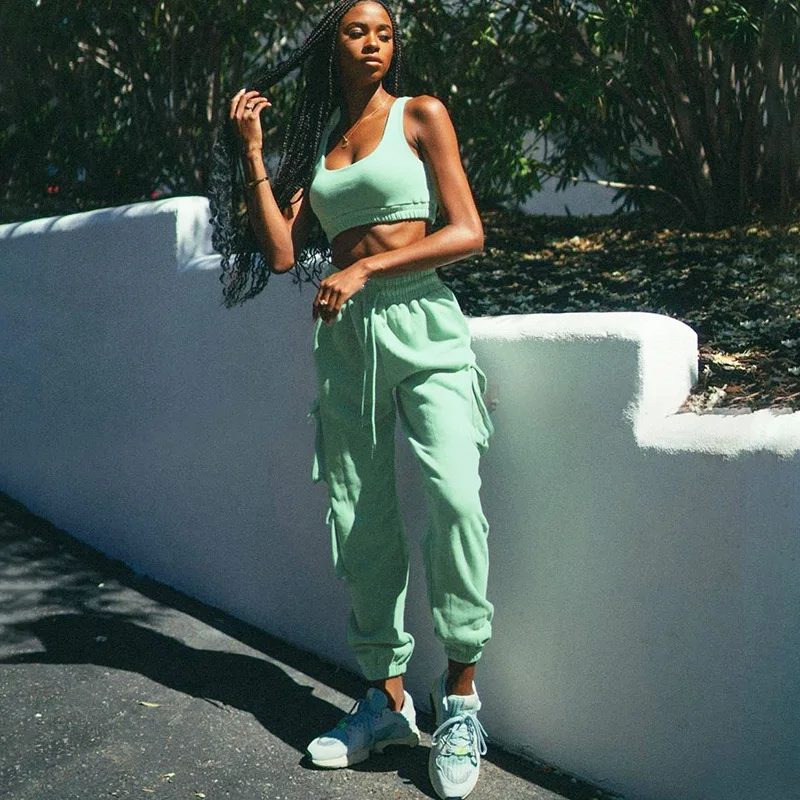 

Tank Top Side Pockets Drawstring Sweatpants Two Piece Set Women Matching Solid Loose Sporty Activewear Casual Streetwear