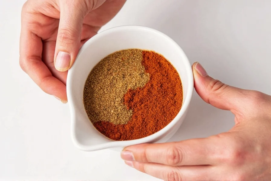 Hand mixing spices in small bowl showing the process of creating a homemade cumin substitute blend