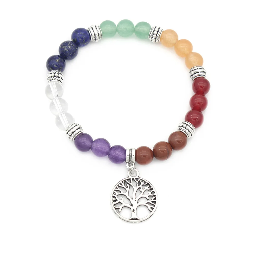 

Bomanian 7 Chakras Healing Lifetree Stone Bracelet Elastic Yoga Mala Beads Meditation Diffuser Bracelet Men Women ST050, As the pictures