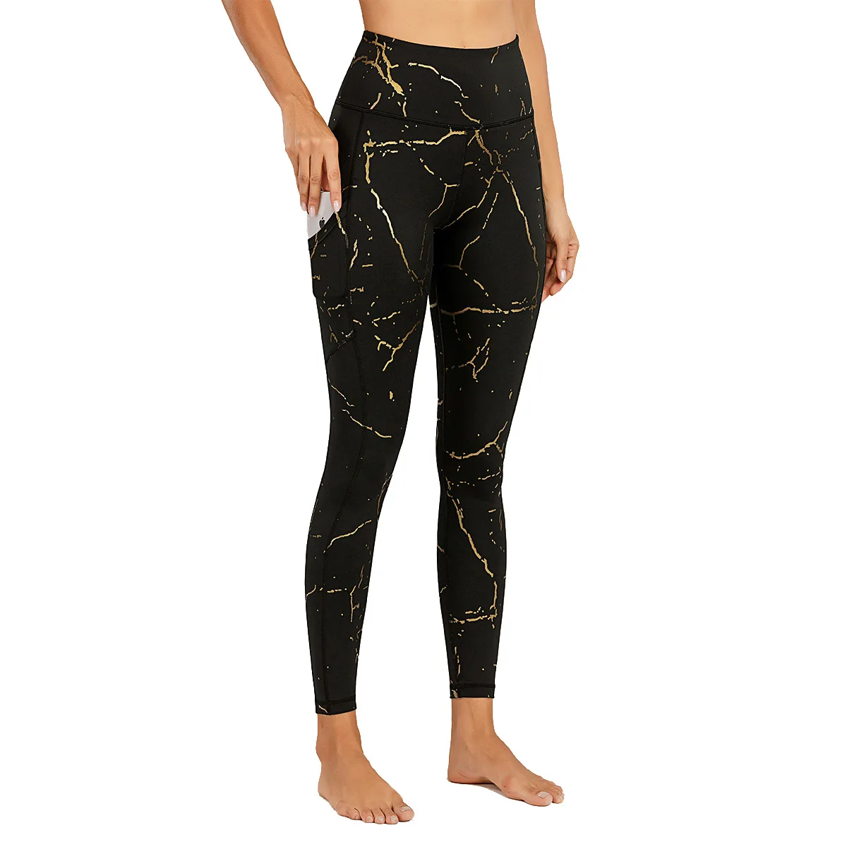 

European and American ladies black gold printing yoga pants high waist belly contracting Black Lightning pattern sports fitness