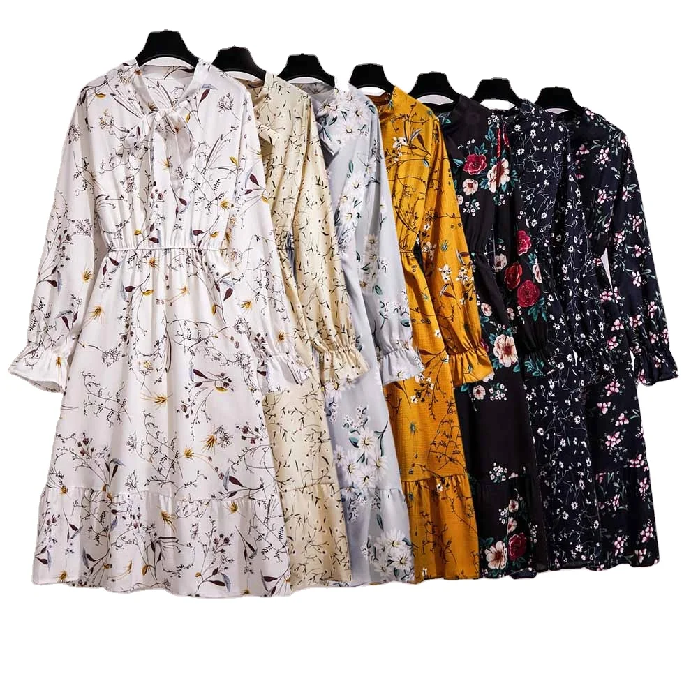 

Fashion Vintage Floral Printing Chiffon Dress Summer Women Long Sleeved Dress Retro Collar Casual Slim Dresses, Customized color