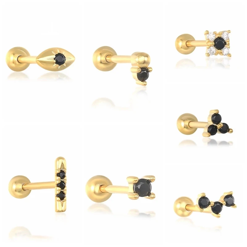 

2021 New 925 Sterling Silver Jewelry Geometry Flower Clover Stud Earrings Black White Stone Piercing Earrings for Women, Gold and silver