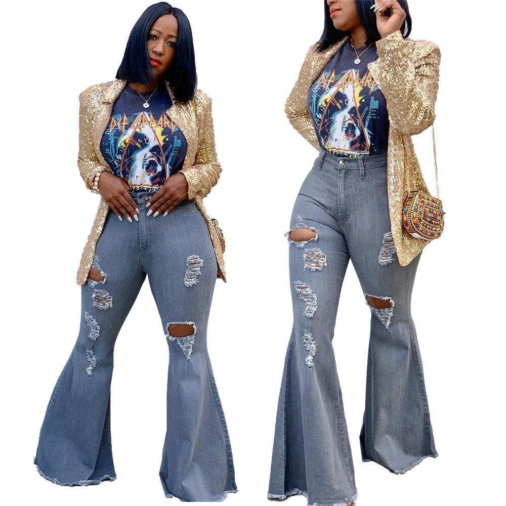 

Fashion women high waist jeans denim flared wide leg ripped jeans women