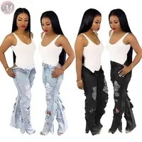 

9110604 popular front back holes washed ripped straight High Waist Women Pants Jeans