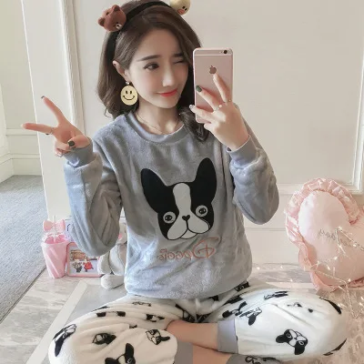 

2021 Cheap Embroidery Animal Pattern Winter Warm 2 Piece Plus Size Long Sleeve Cartoon Flannel Pajamas Set, Picture shows
