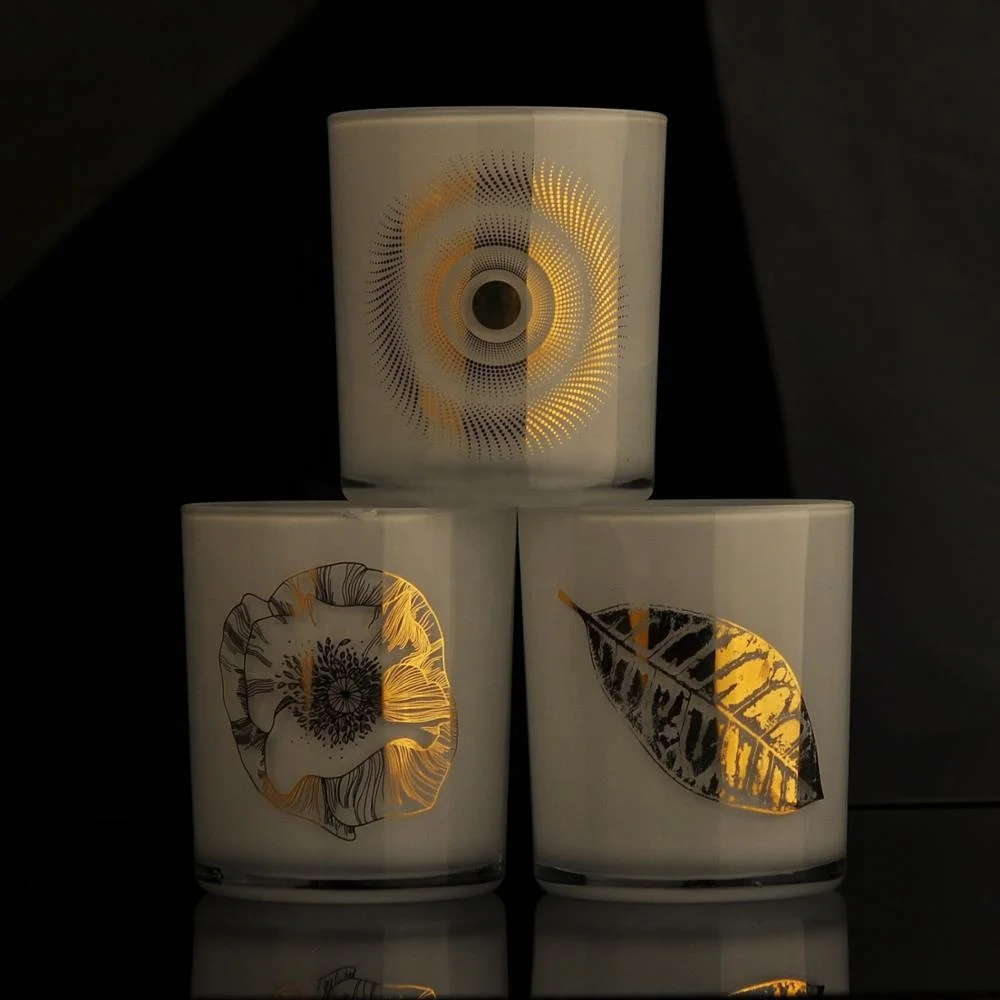 Cylinder White Glass Candle Jars With Gold Decoration