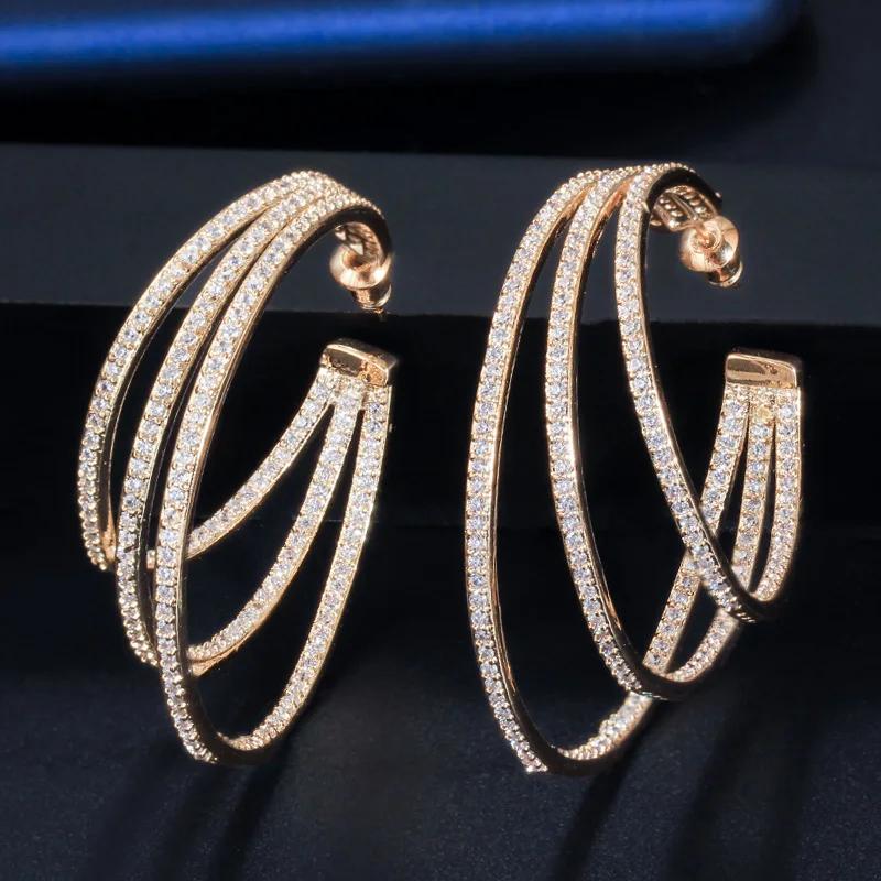

3 Circle Bling Cubic Zirconia Pave Luxury 18k Yellow Gold Plated Big Round Geometric Triple Hoop Earrings for Women
