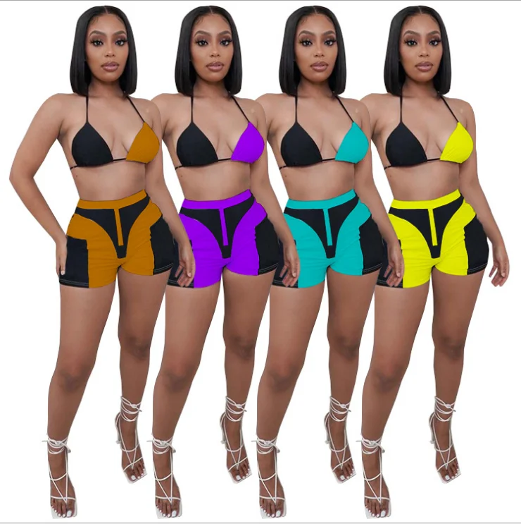 

Sexy Breast Wrap Split Color Blocking Tight Bikini Tops Shorts Sets 2 Piece Bikini, As picture