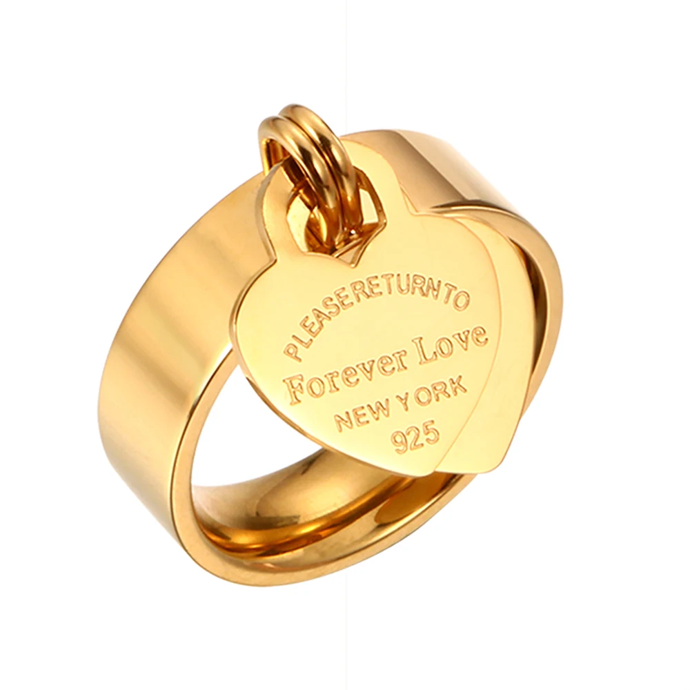 

Multi Size Sweet Heart Pendant Ring Stainless Steel Gold Plating Forever Love Charm Finger Rings For Women Men Wedding Ring, Rose/gold/silver