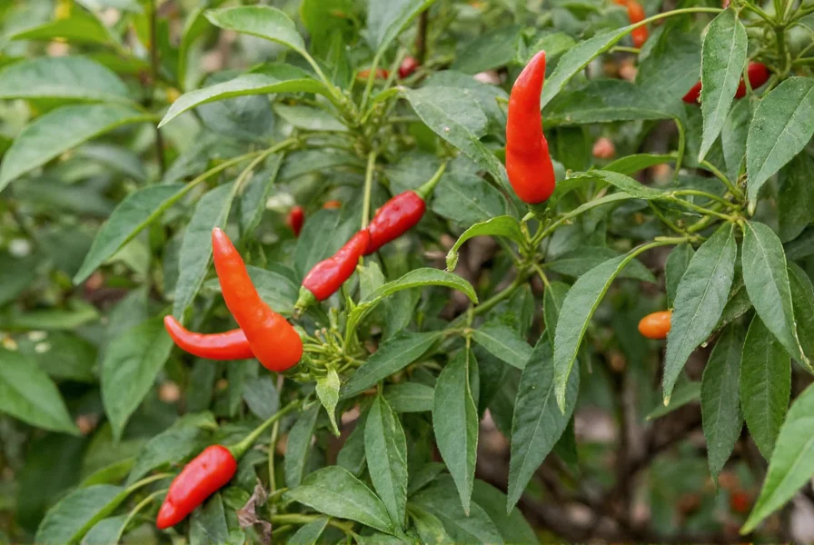 Cascabel chili pepper plant in garden setting showing mature red peppers growing on bushy plant with dark green leaves