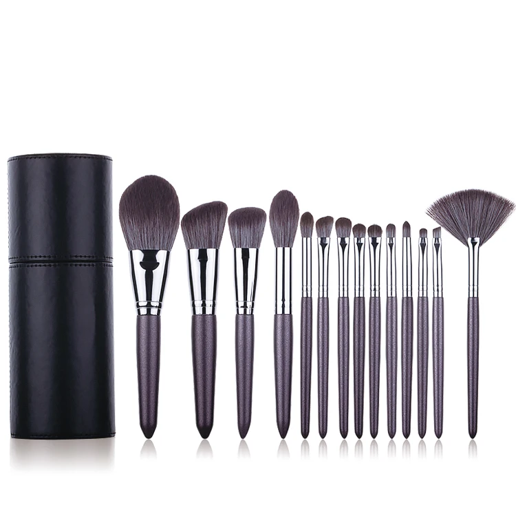 

Private Label Women Maquillaje Cosmetic Products 14pcs Synthetic Bristle Grey / Purple / Green Makeup Brush Set with Black Case, Customized color accepted