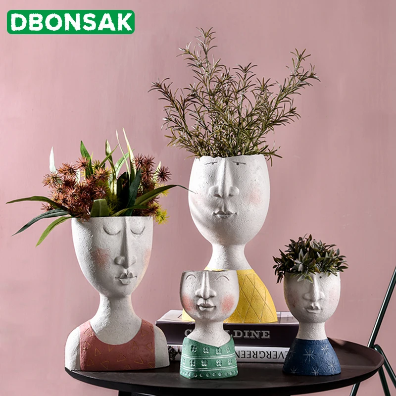 

Art Portrait Flower Pot Vase Sculpture Resin Human Face Family Flower Pot Handmade Garden Storage Flower Arrangement Home Decors