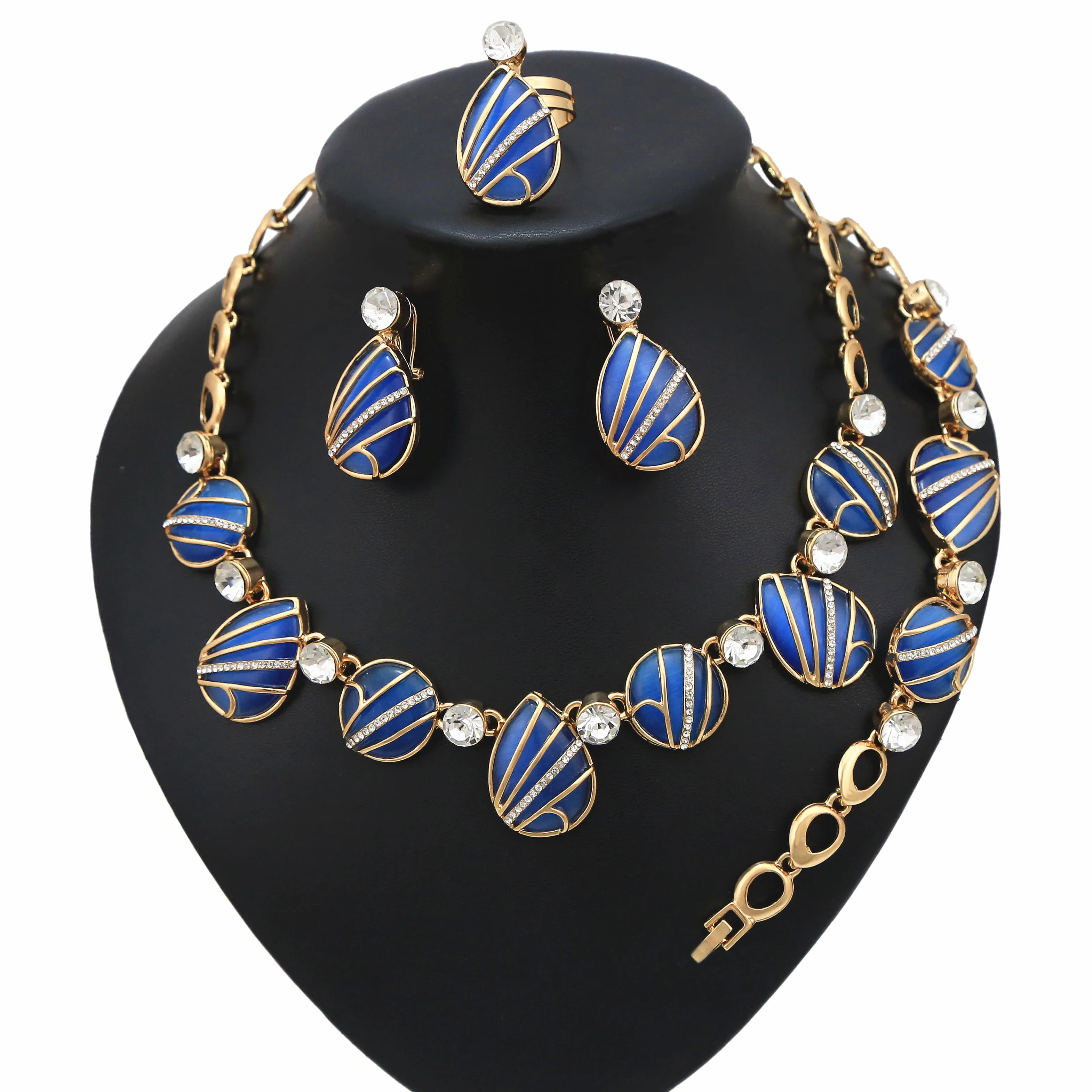 

Direct-Sale Fashion Jewelry Set Gold Plated Alloy Water Drop Shape Blue Semi-precious Gem Jewellery For Women