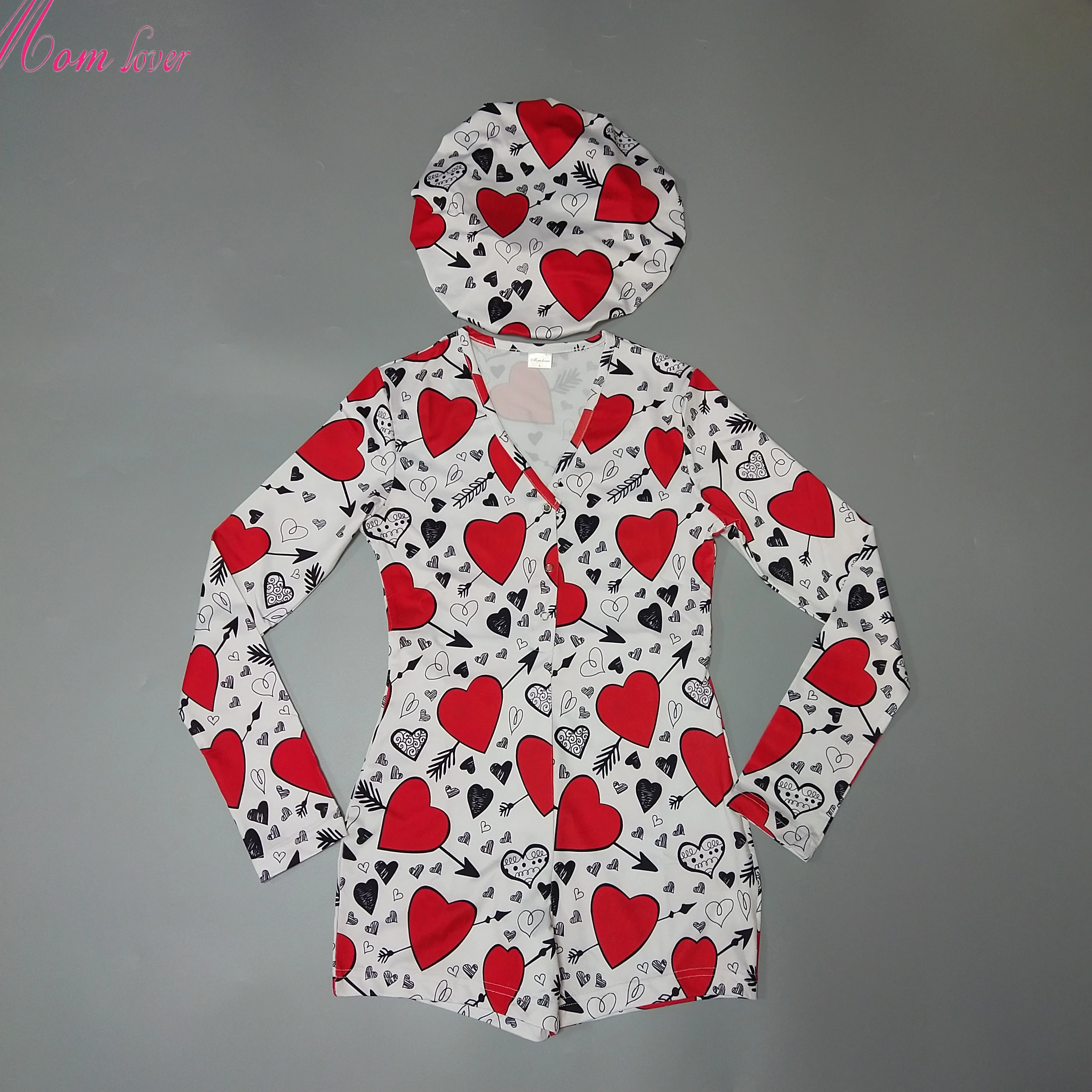 

Matching valentine cotton nightgown sleepwear ladies pajamas valentine's day onesie with hat loungewear women, Picture color