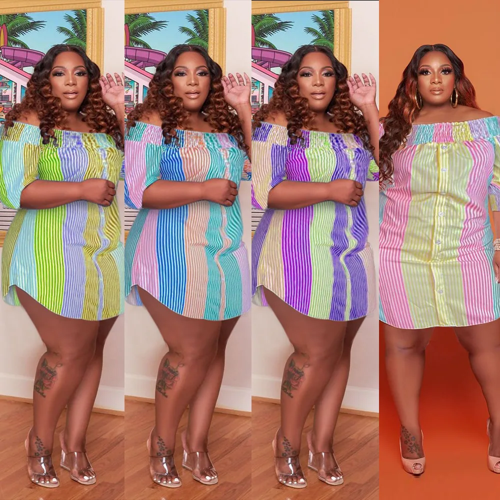 

2021 R07223 - fashion loose printed strapless short sleeve plus size dresses women