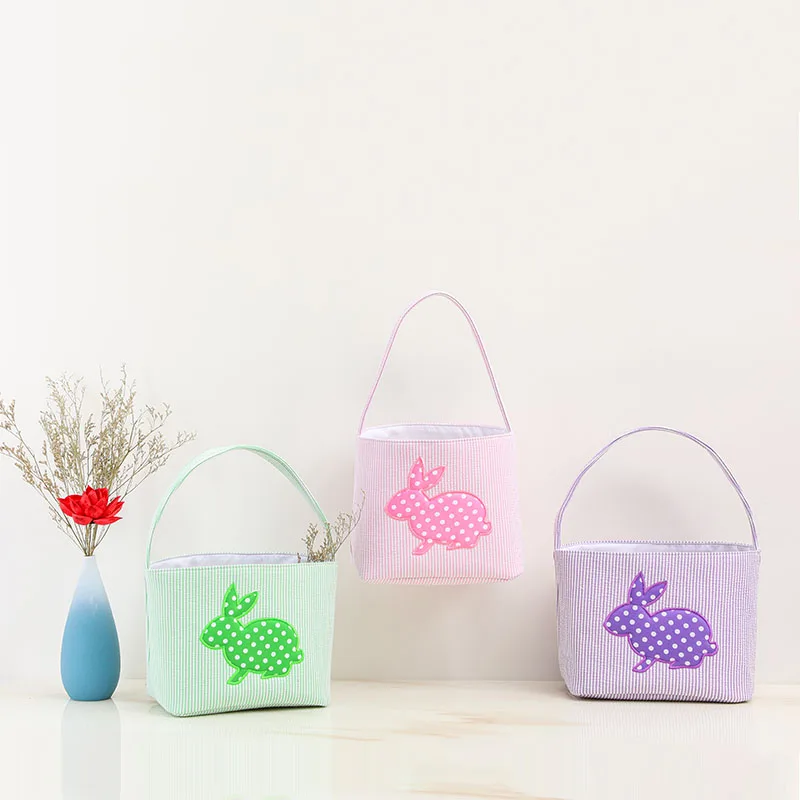 

Kid Easter Eggs Bucket Personalized Cute Monogrammed Seersucker Bunny Easter Basket, Pink, green, purple, blue+